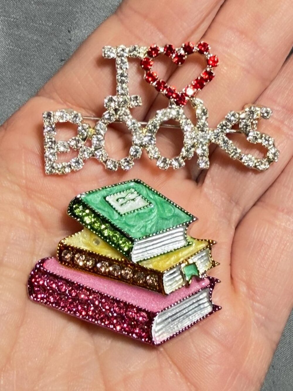 Book Lover Brooch Set Rhinestone I Love Books Stack Pendant Teacher